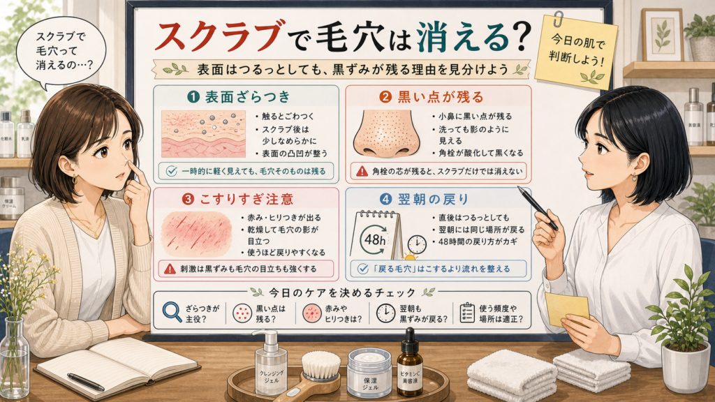 スクラブで毛穴が消えるかを30代黒ずみ毛穴の表面ざらつきと翌朝の戻りで確認する図解