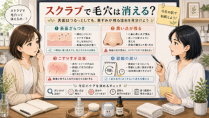 スクラブで毛穴が消えるかを30代黒ずみ毛穴の表面ざらつきと翌朝の戻りで確認する図解