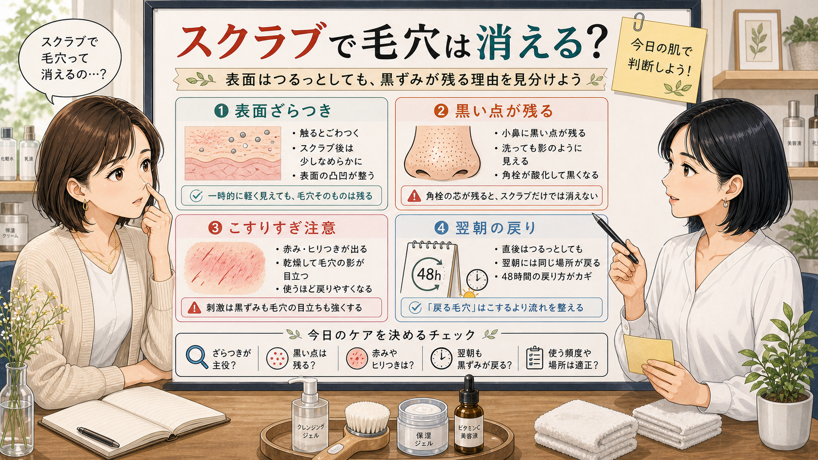 スクラブで毛穴が消えるかを30代黒ずみ毛穴の表面ざらつきと翌朝の戻りで確認する図解