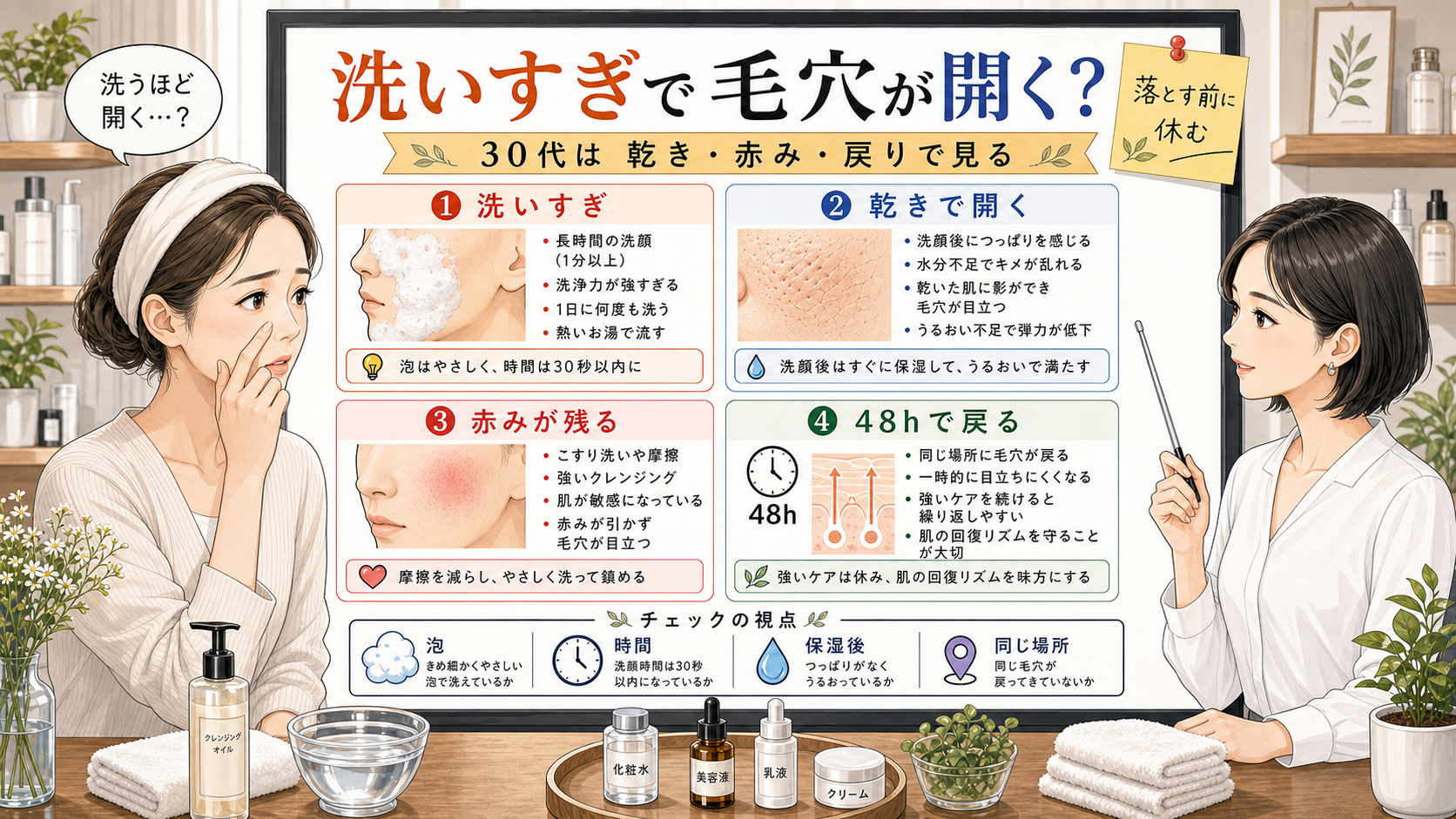 洗いすぎで毛穴が開くように見える理由を30代女性の乾きと赤みで整理する相談ボード