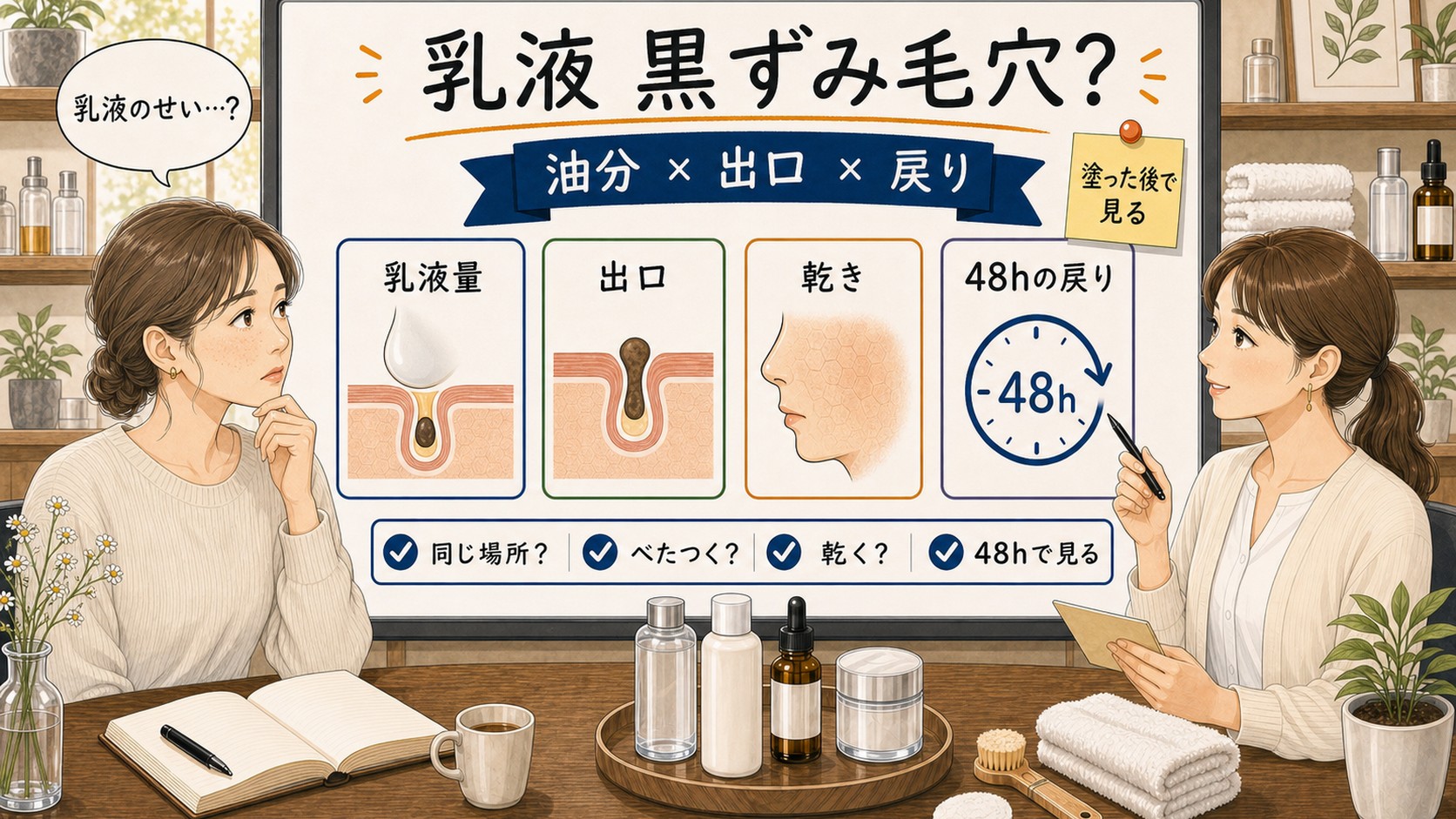 乳液で黒ずみ毛穴が気になる時に油分と毛穴出口と48時間の戻り方を整理するChocobraラボの相談ボード