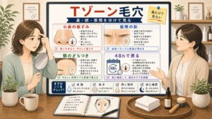 30代のTゾーン毛穴を鼻と額と眉間に分けて確認する図解