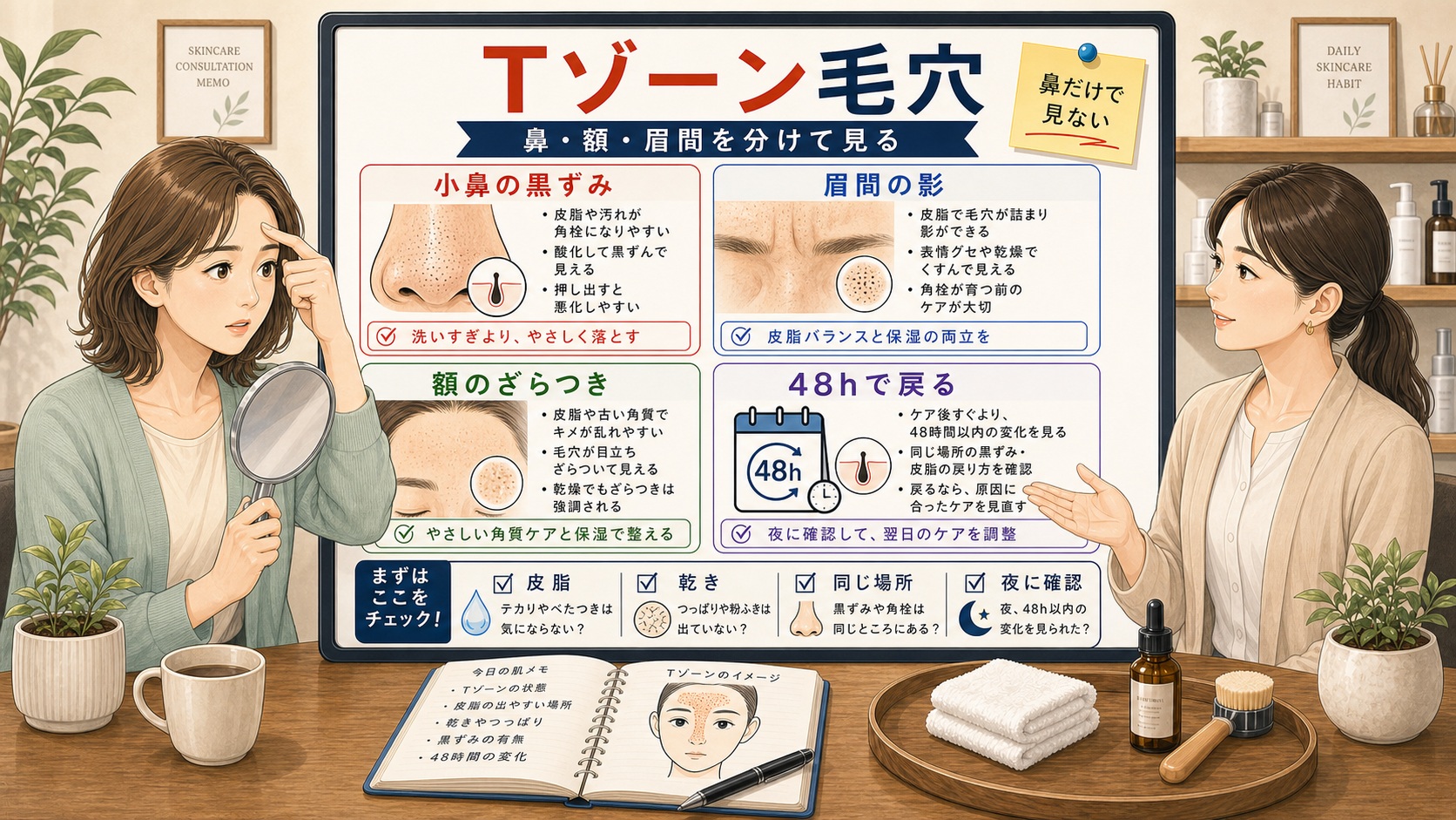 30代のTゾーン毛穴を鼻と額と眉間に分けて確認する図解