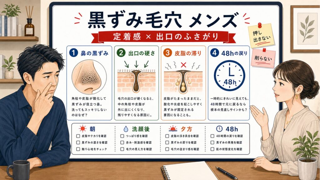30代男性の黒ずみ毛穴と皮脂出口のふさがりを見分ける1433基準の図解