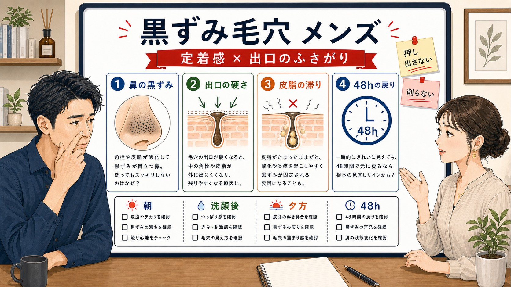 30代男性の黒ずみ毛穴と皮脂出口のふさがりを見分ける1433基準の図解