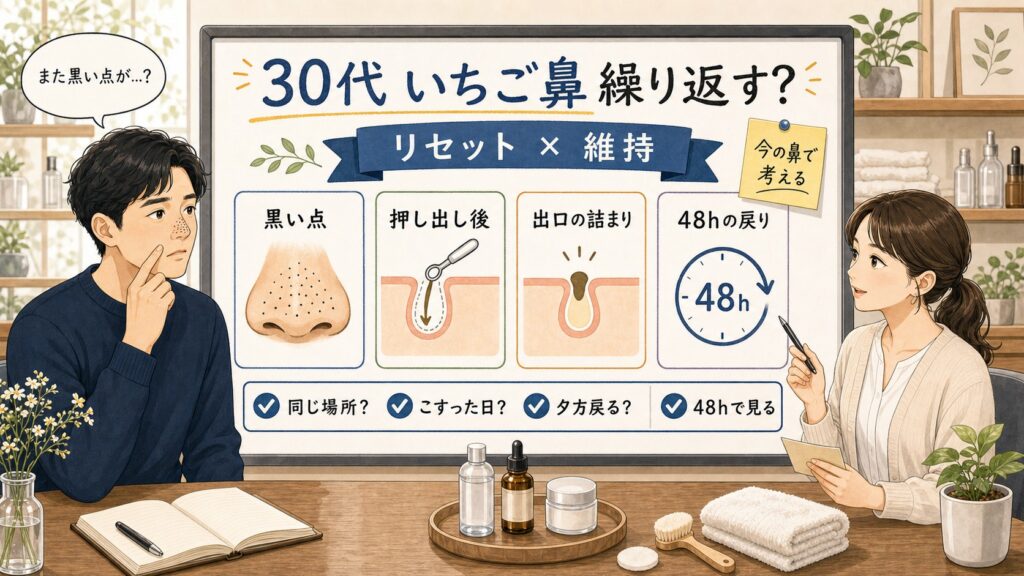 30代男性のいちご鼻が繰り返す理由をChocobraラボの判断ボードで整理する1433基準の図解