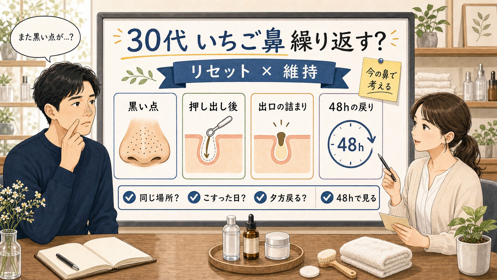 30代男性のいちご鼻が繰り返す理由をChocobraラボの判断ボードで整理する1433基準の図解