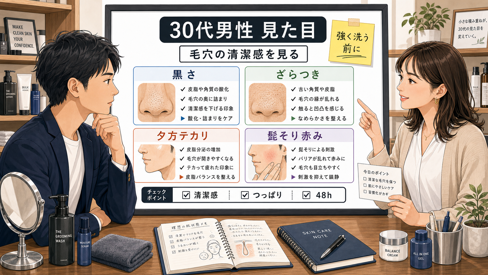 30代男性の見た目と毛穴の清潔感を整理する相談ボード