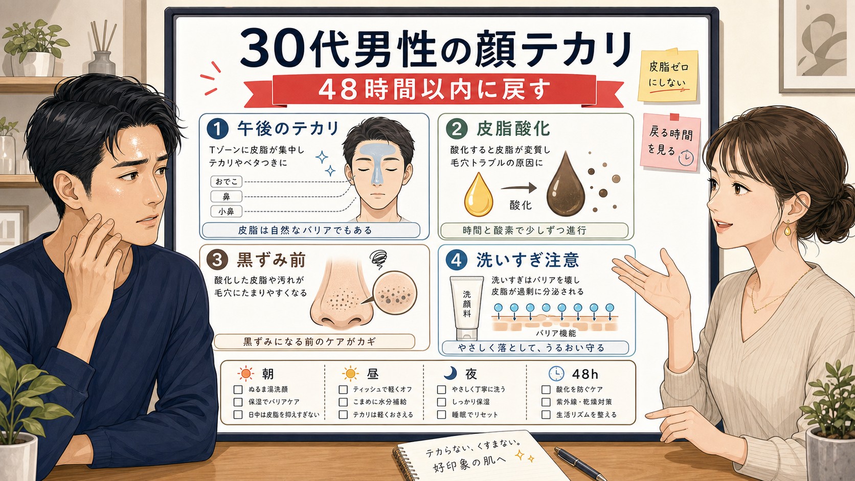 30代男性の顔テカリと皮脂酸化を48時間で戻す1433基準の図解
