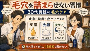 30代男性の毛穴詰まりを皮脂と洗顔と夜ケアで見分けるイラスト