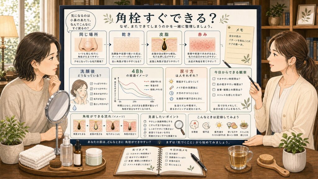 角栓がすぐできる理由を同じ場所と乾きと皮脂と赤みと48時間の戻り方で整理するChocobraラボの相談ボード