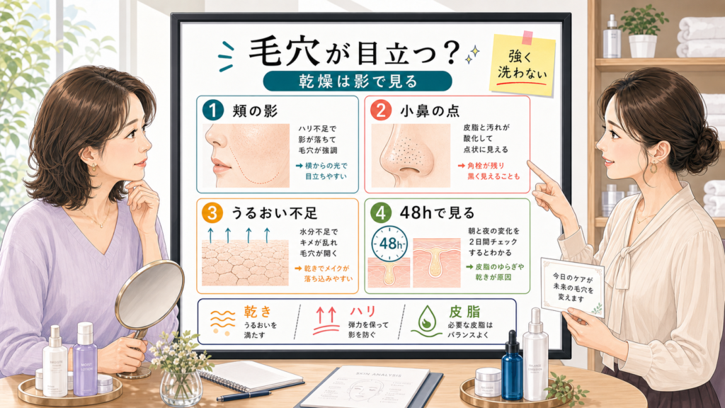 乾燥で毛穴が目立つ40代女性の影とハリを整理する相談ボード