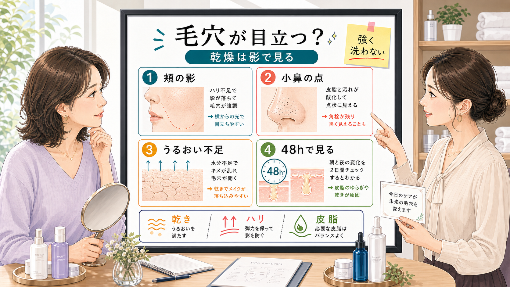 乾燥で毛穴が目立つ40代女性の影とハリを整理する相談ボード