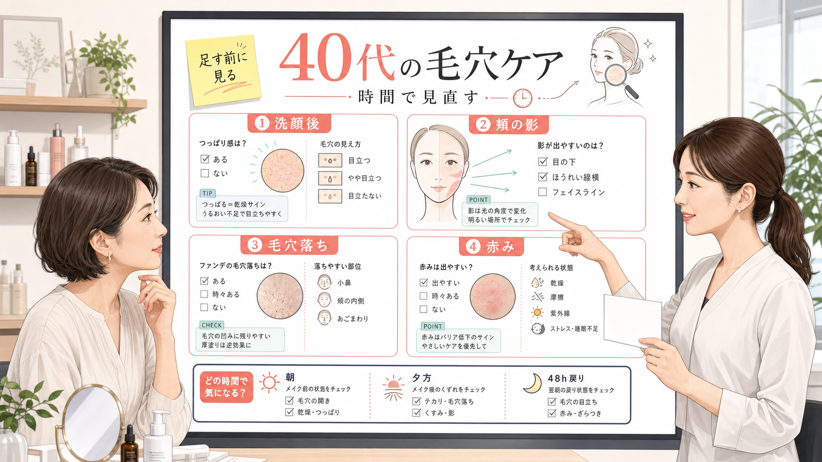 40代の毛穴ケアを洗顔後と夕方で見直す相談ボード