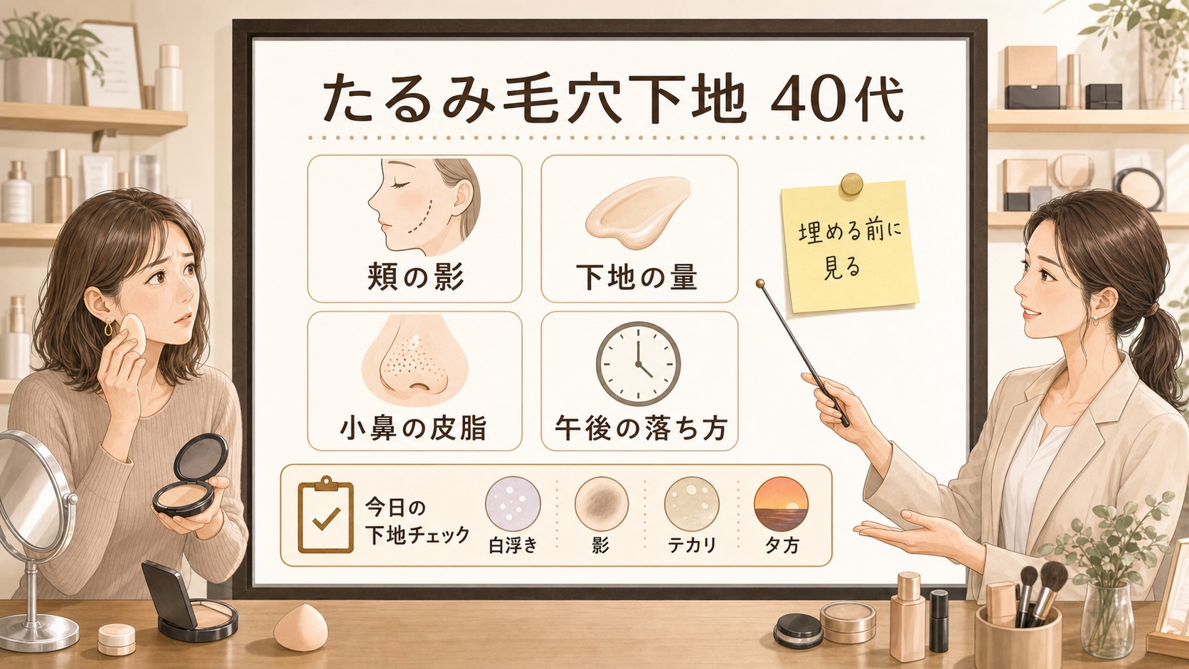 40代のたるみ毛穴下地と午後の毛穴落ちを整理する美容相談ボード