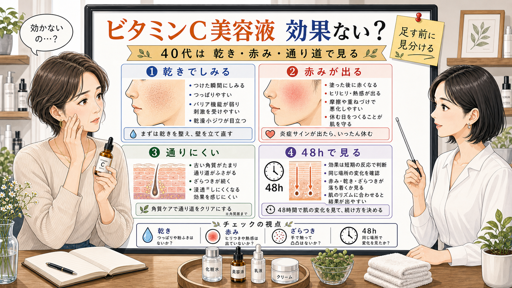 ビタミンC美容液が効果ない時に40代の乾きと赤みを見分ける相談ボード