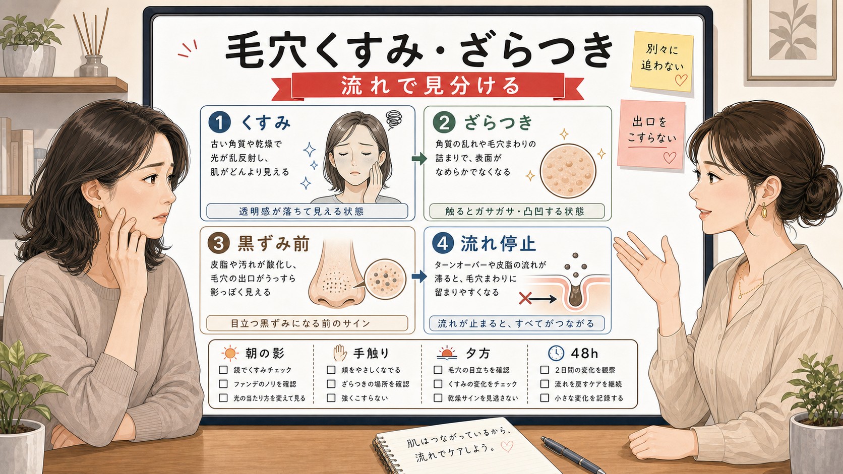 40代女性の毛穴くすみとざらつきを流れで見分ける1433基準の図解