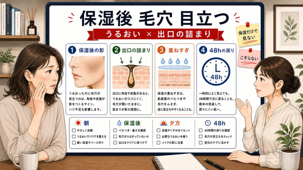 40代女性の保湿後に毛穴が目立つ理由と出口の詰まりを見分ける1433基準の図解