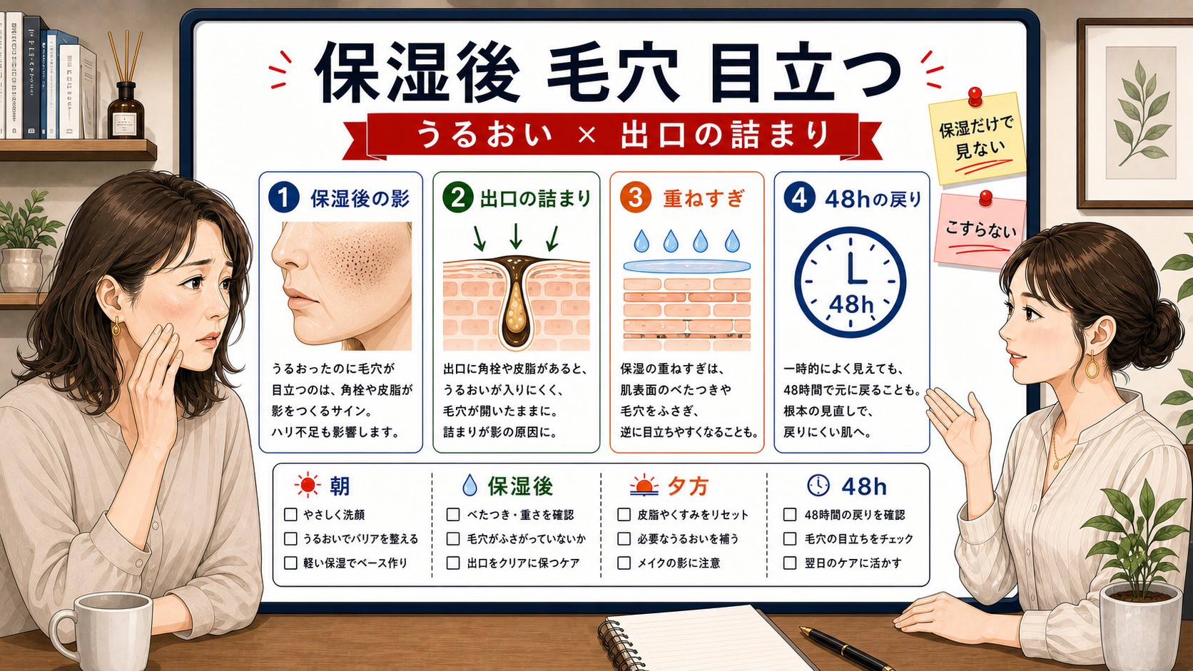 40代女性の保湿後に毛穴が目立つ理由と出口の詰まりを見分ける1433基準の図解