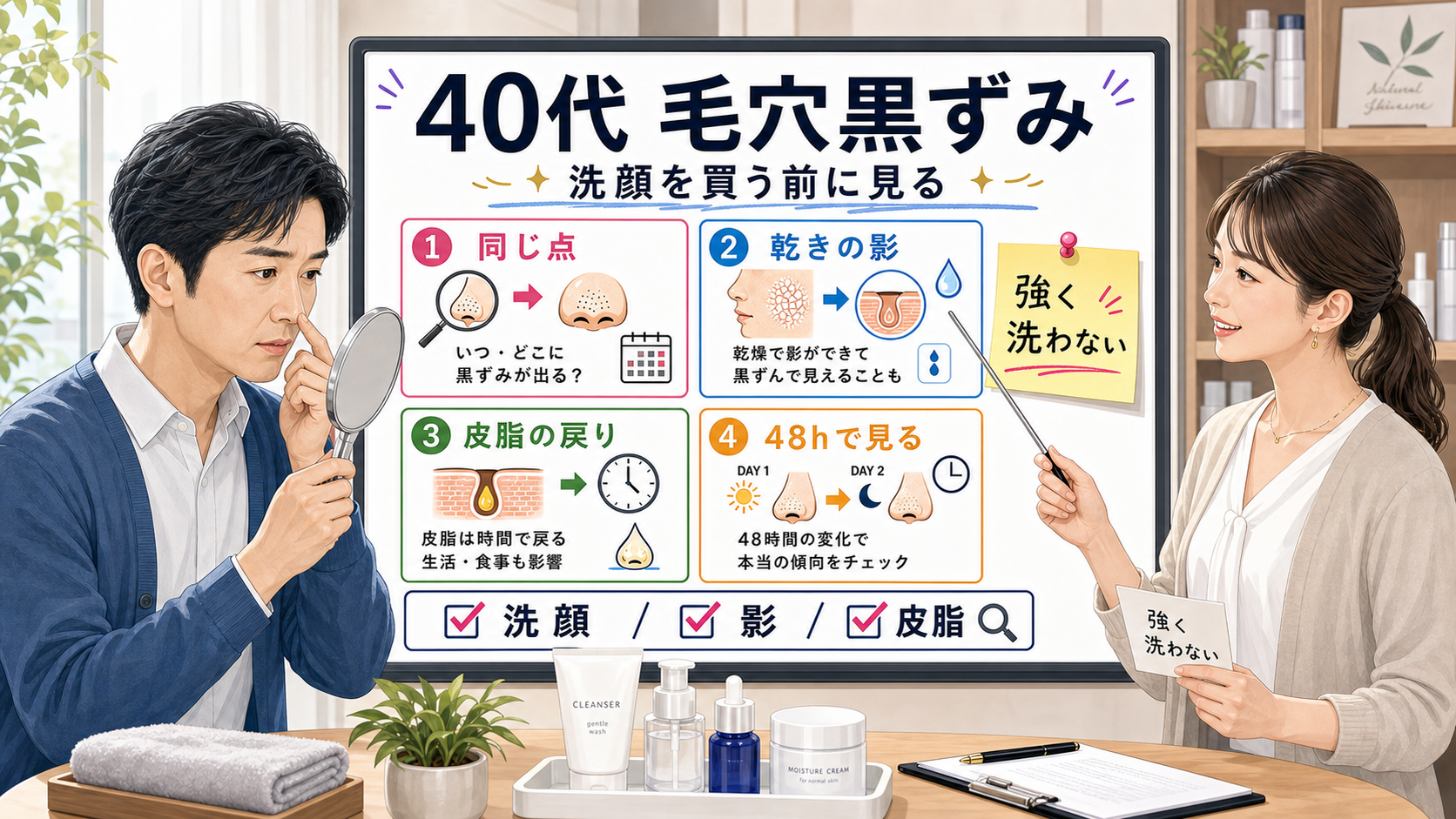 40代男性の毛穴黒ずみを洗顔購入前に見分ける相談ボード