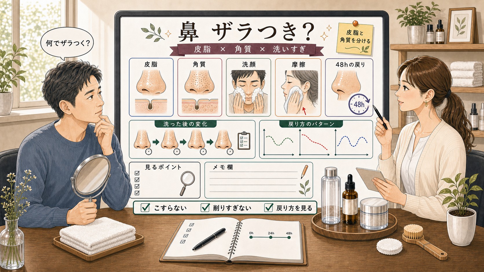 40代男性の鼻のザラつきを皮脂と角質と洗いすぎと摩擦と48時間の戻り方で整理するChocobraラボの相談ボード