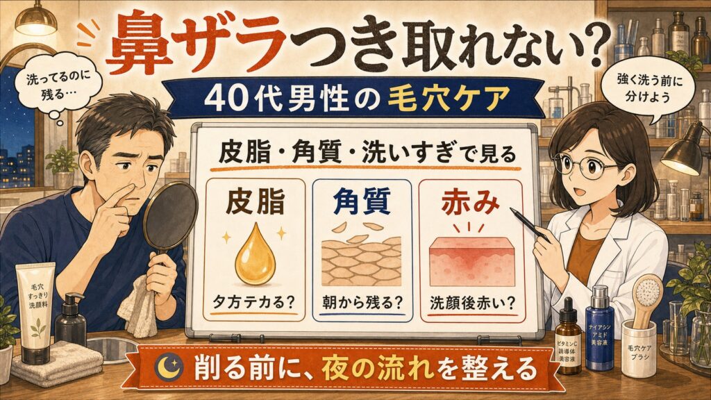 40代男性の鼻のザラつきを皮脂と角質と洗いすぎで見分けるイラスト
