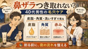 40代男性の鼻のザラつきを皮脂と角質と洗いすぎで見分けるイラスト