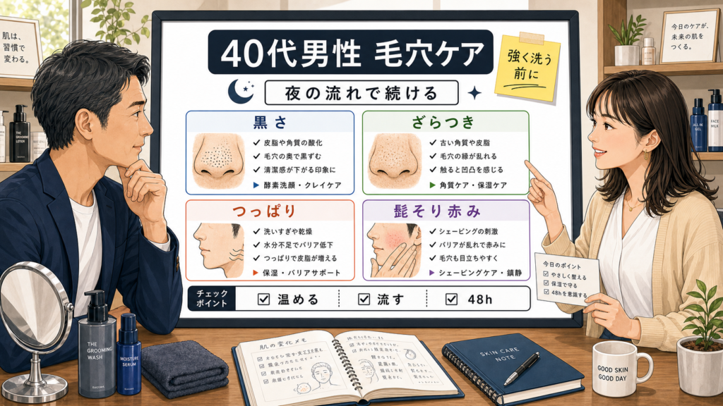 40代男性の毛穴ケアを夜の流れで整理する相談ボード
