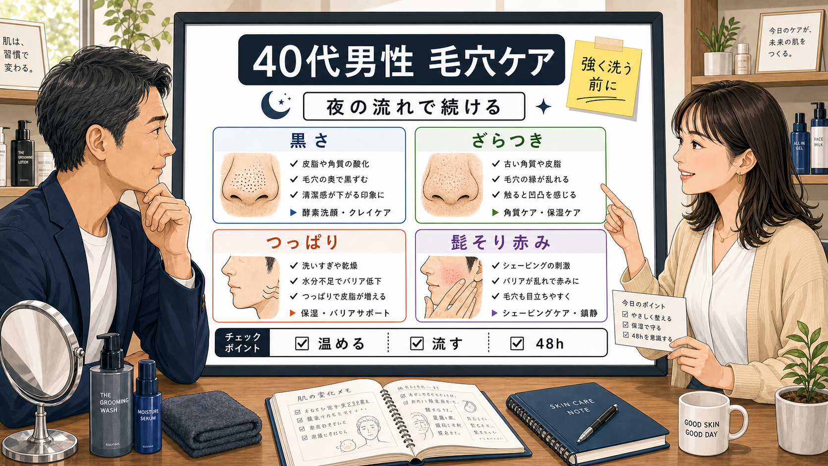 40代男性の毛穴ケアを夜の流れで整理する相談ボード