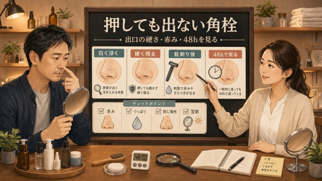 40代男性の押しても出ない鼻角栓を出口の硬さと赤みと48時間の戻り方で確認する図解
