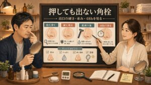 40代男性の押しても出ない鼻角栓を出口の硬さと赤みと48時間の戻り方で確認する図解