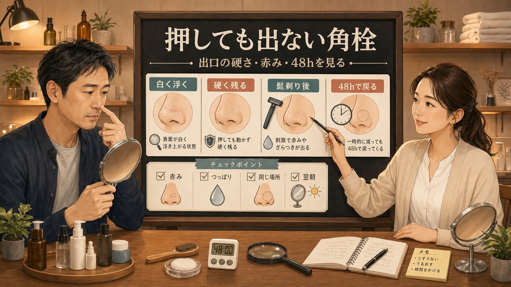 40代男性の押しても出ない鼻角栓を出口の硬さと赤みと48時間の戻り方で確認する図解