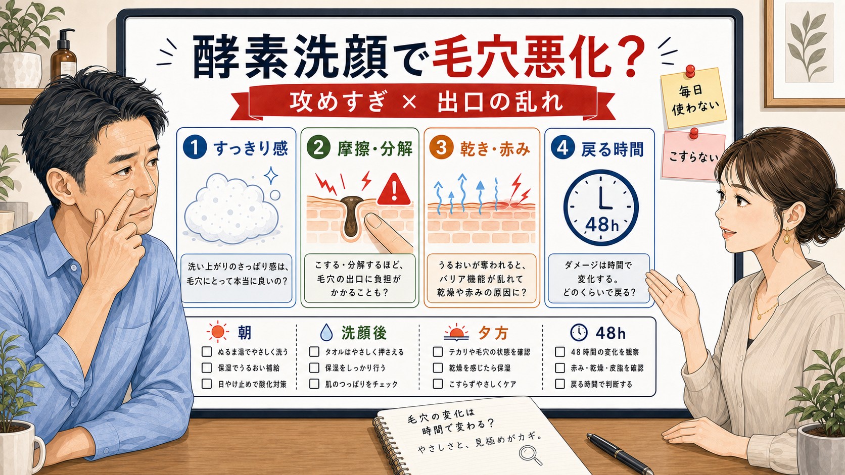 40代男性の酵素洗顔による毛穴悪化と攻めすぎを見分ける1433基準の図解
