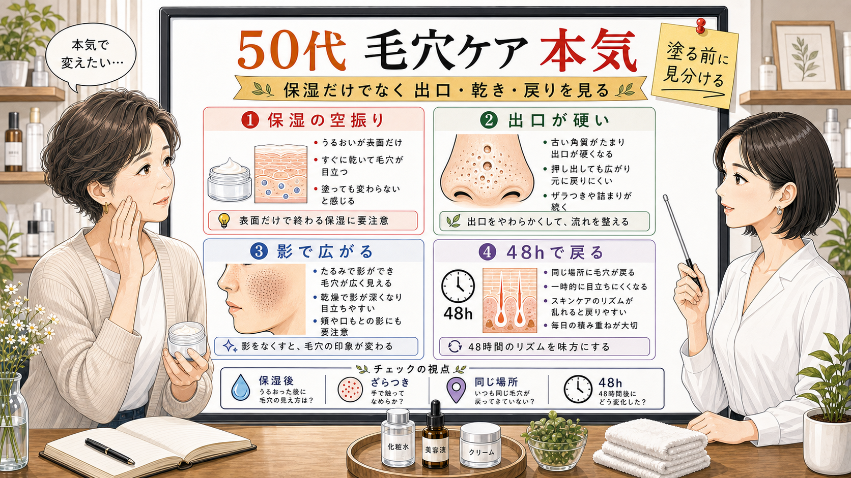 50代の毛穴ケアを本気で見直すために保湿前の出口と乾きを整理する相談ボード