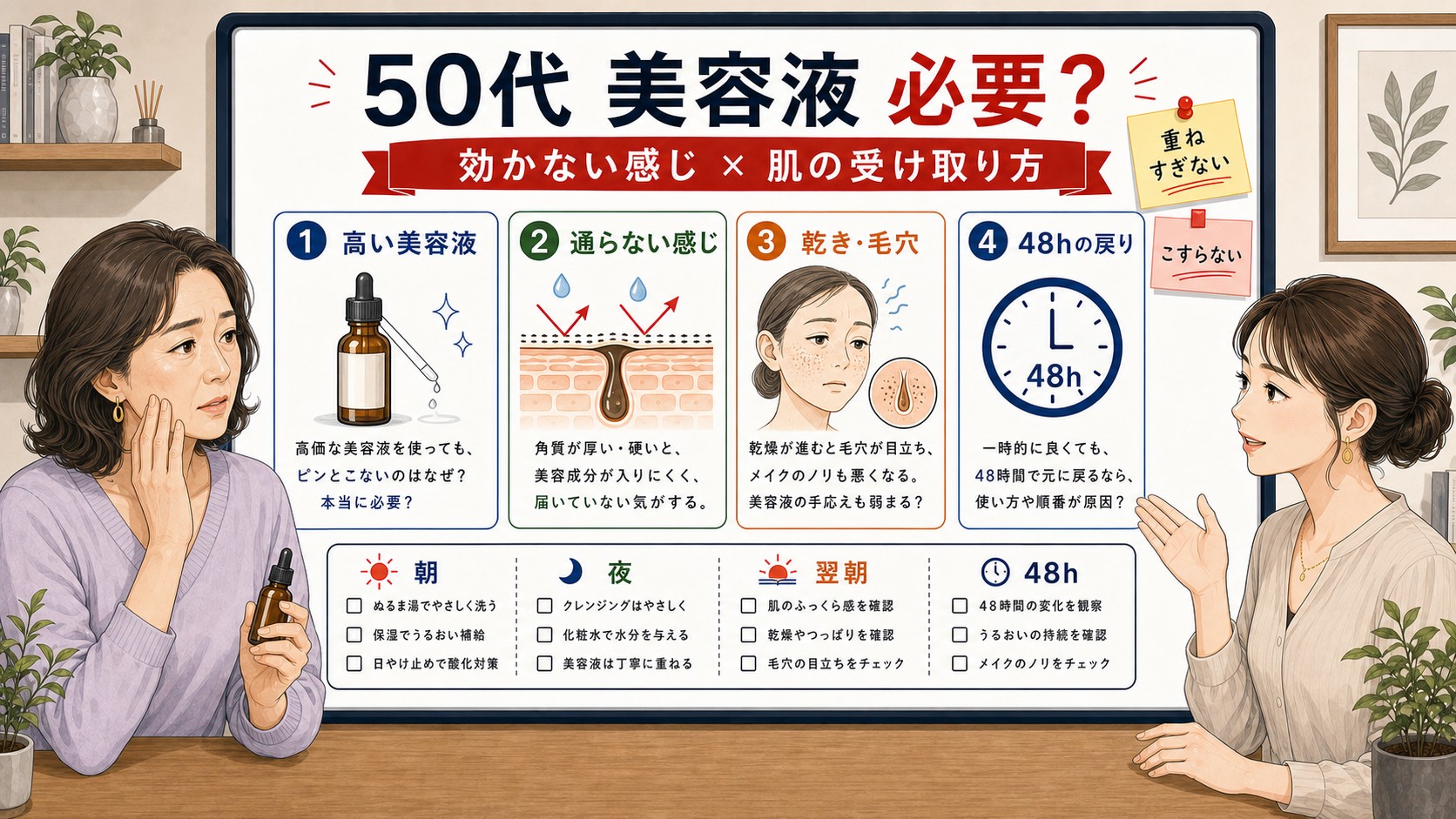 50代女性の美容液が必要かと効かない感じを見分ける1433基準の図解