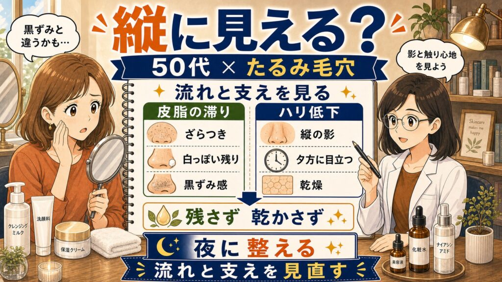 50代のたるみ毛穴と皮脂の滞り、ハリ低下の見分け方を整理するChocobraアイキャッチ