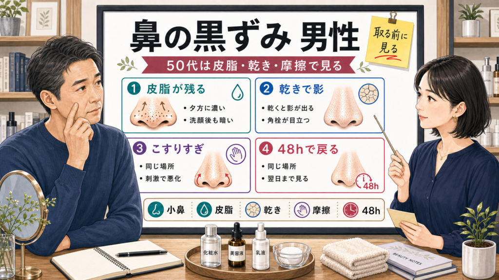 男性の鼻の黒ずみを50代の皮脂と乾きで見分ける相談ボード