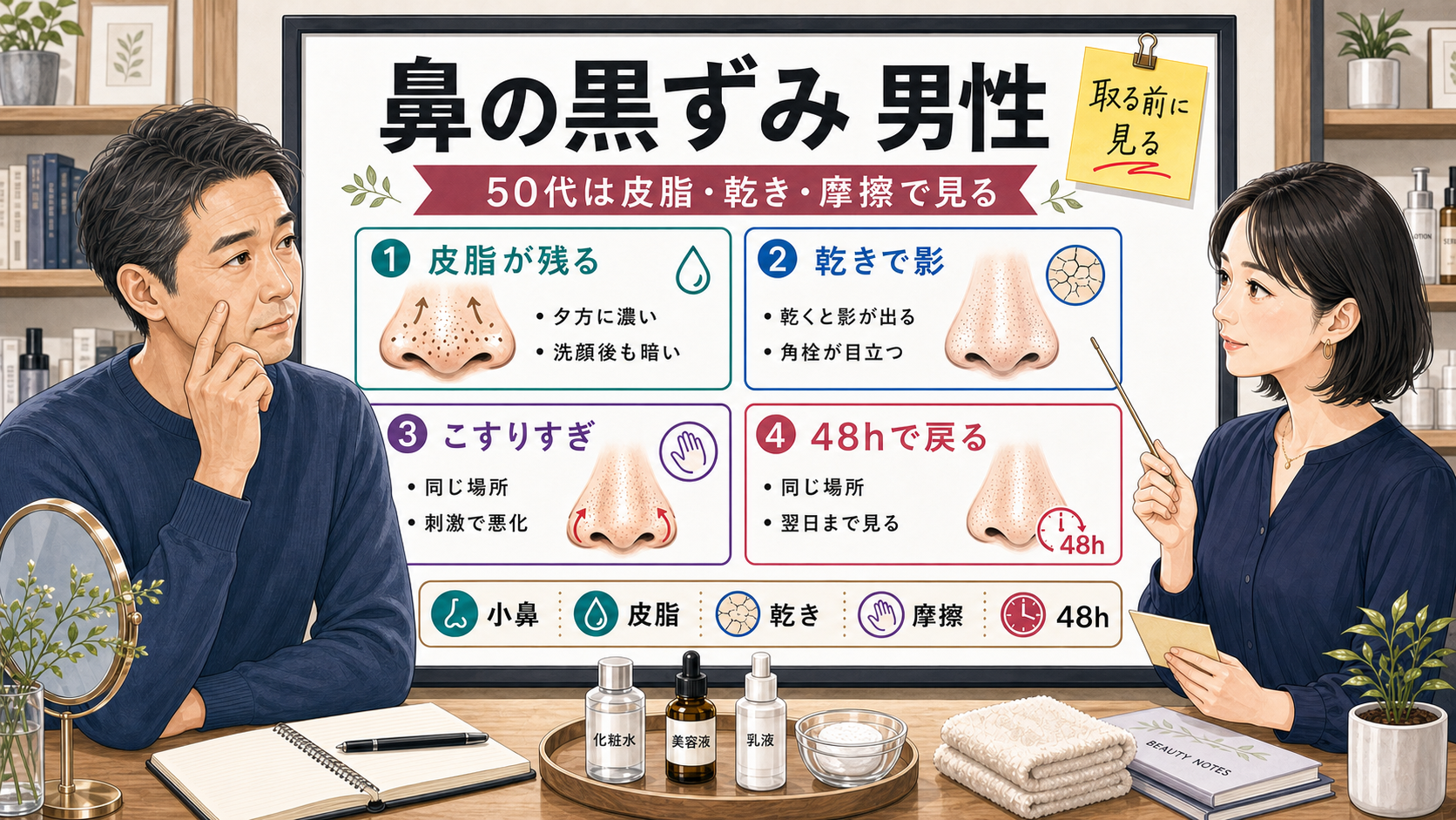 男性の鼻の黒ずみを50代の皮脂と乾きで見分ける相談ボード