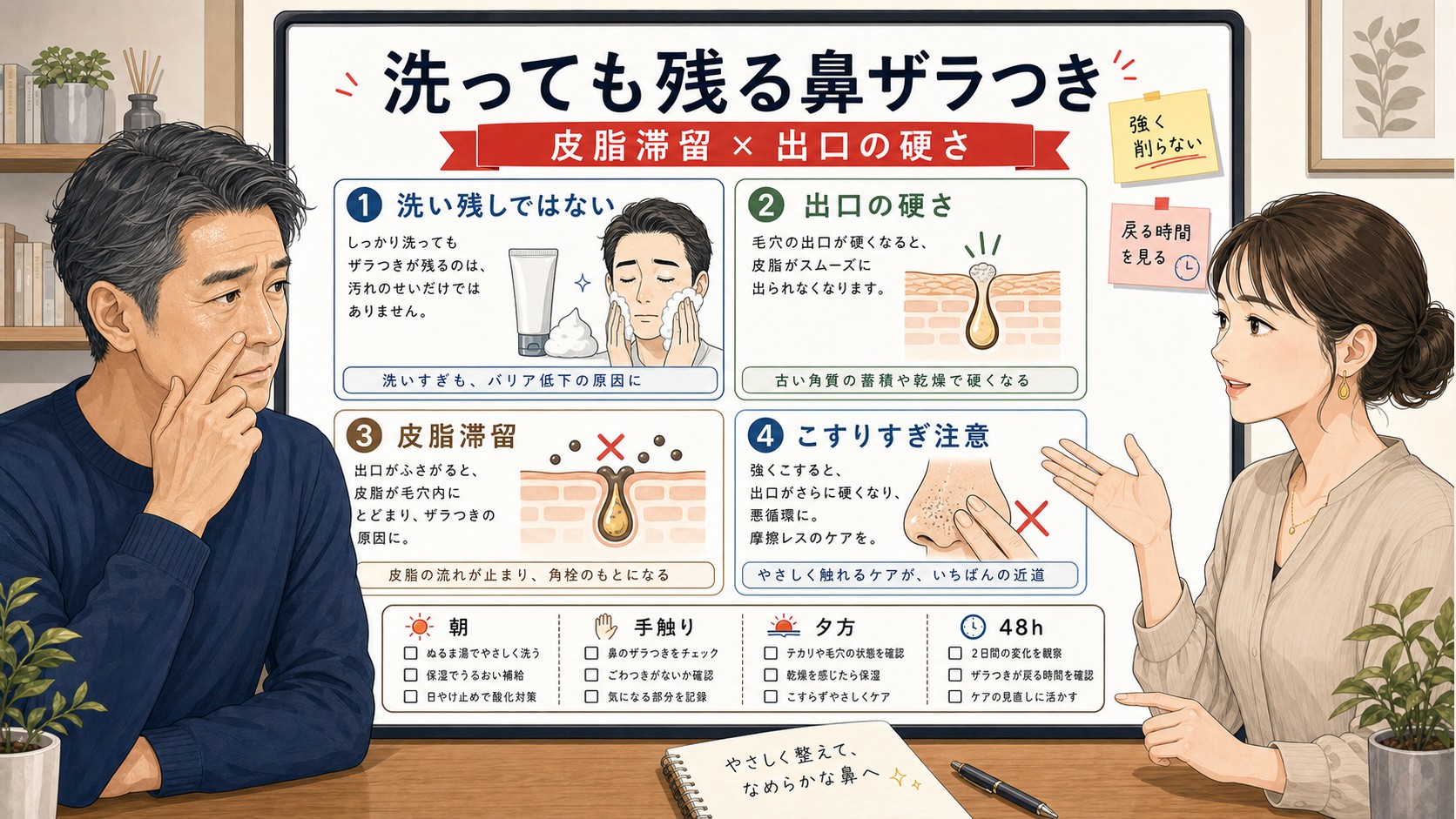 50代男性の鼻ざらつきと皮脂滞留を見分ける1433基準の図解