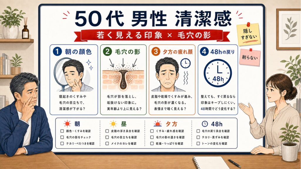 50代男性の清潔感と毛穴の影を人物小さめで見分ける1433基準の図解