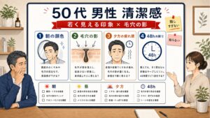 50代男性の清潔感と毛穴の影を人物小さめで見分ける1433基準の図解
