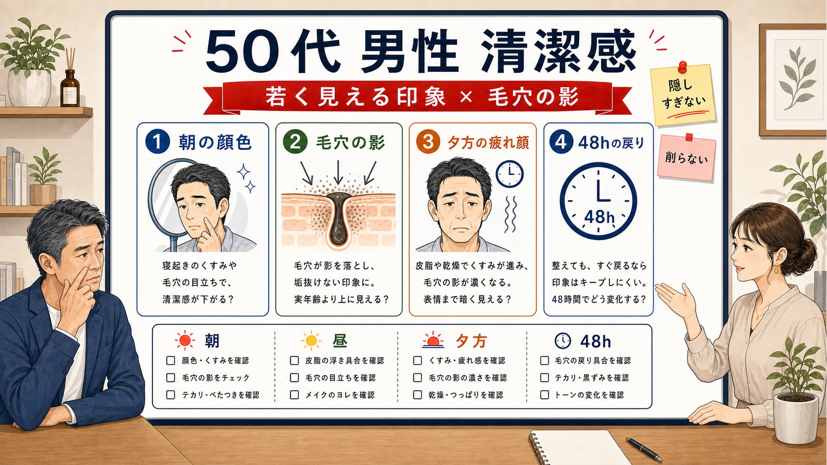 50代男性の清潔感と毛穴の影を人物小さめで見分ける1433基準の図解