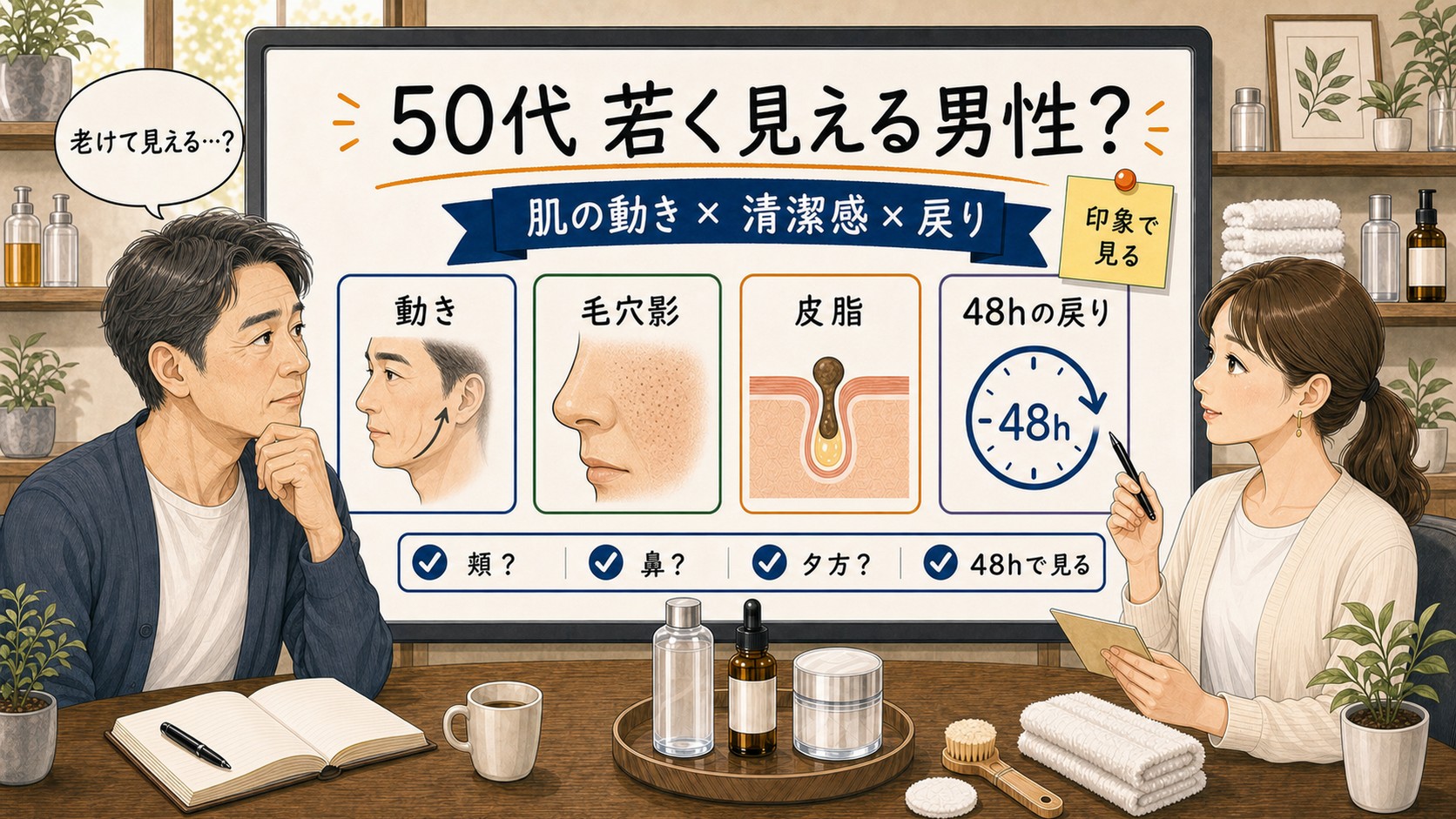 50代で若く見える男性の印象を肌の動きと毛穴影と48時間の戻り方で整理するChocobraラボの相談ボード