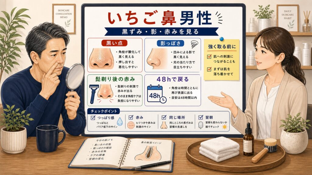 いちご鼻男性の黒ずみと影と赤みを48時間の戻り方で確認する50代向け図解