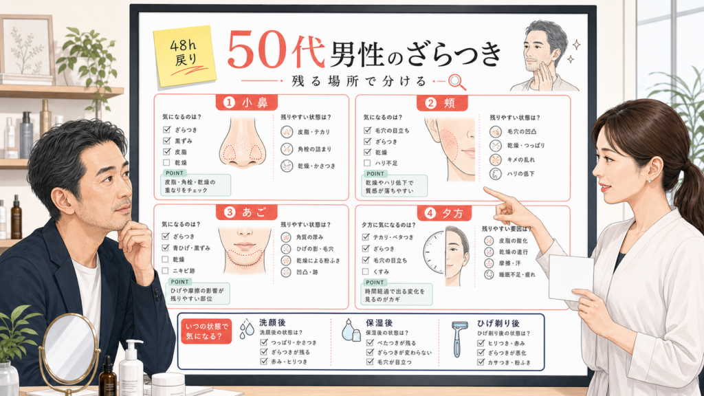 50代男性の肌のざらつきを残る場所で分ける相談ボード