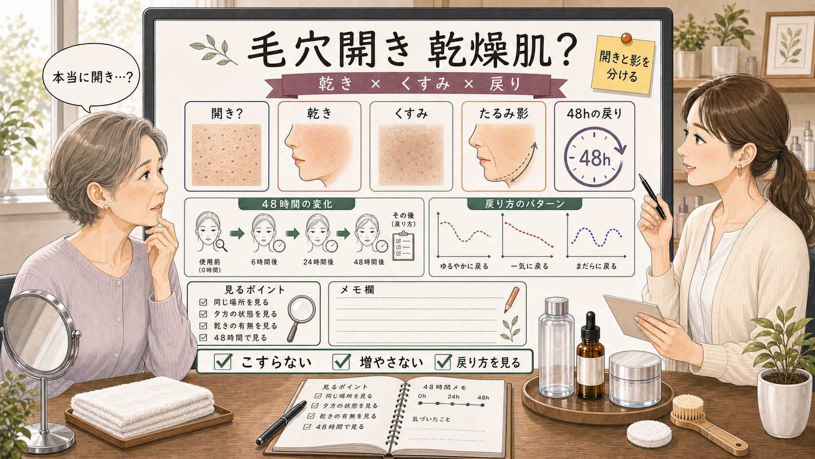 60代女性の乾燥肌で毛穴開きに見える理由を乾きとくすみと48時間の戻り方で整理するChocobraラボの相談ボード