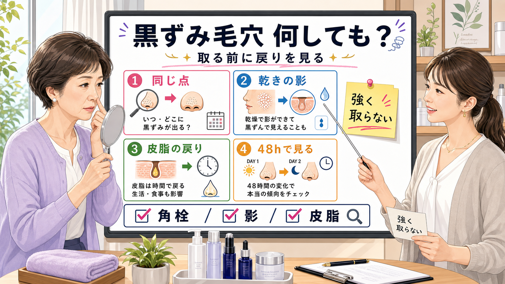 黒ずみ毛穴が何しても治らない60代女性の戻り方を整理する相談ボード