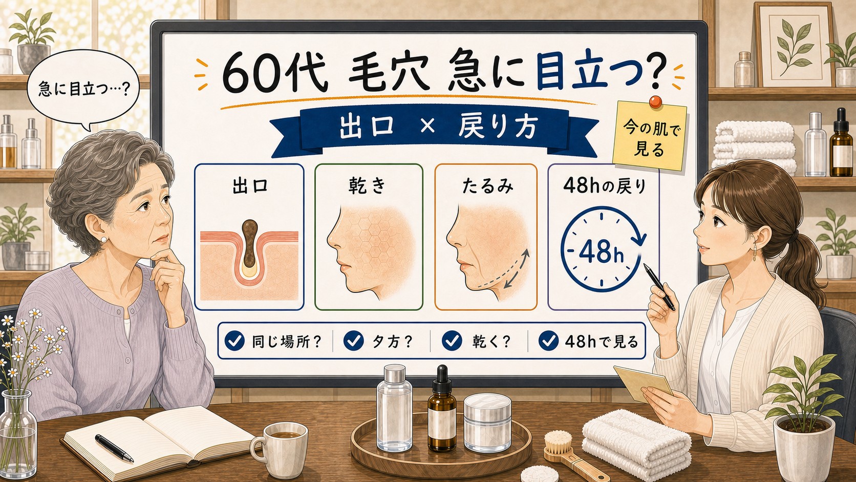 60代女性の毛穴が急に目立つ理由を出口詰まりと48時間の戻り方で整理するChocobraラボの相談ボード