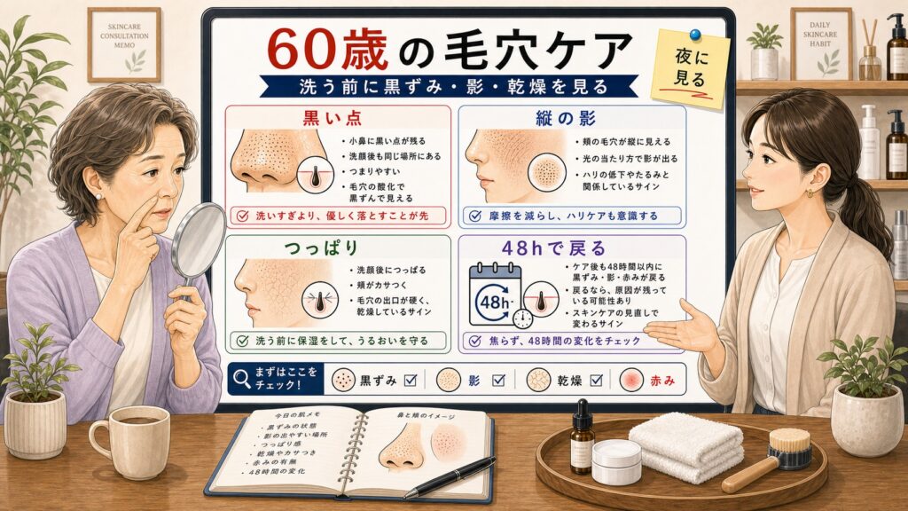 60歳の毛穴ケアで洗う前に黒ずみと影と乾燥を確認する図解