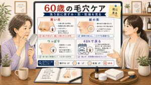 60歳の毛穴ケアで洗う前に黒ずみと影と乾燥を確認する図解